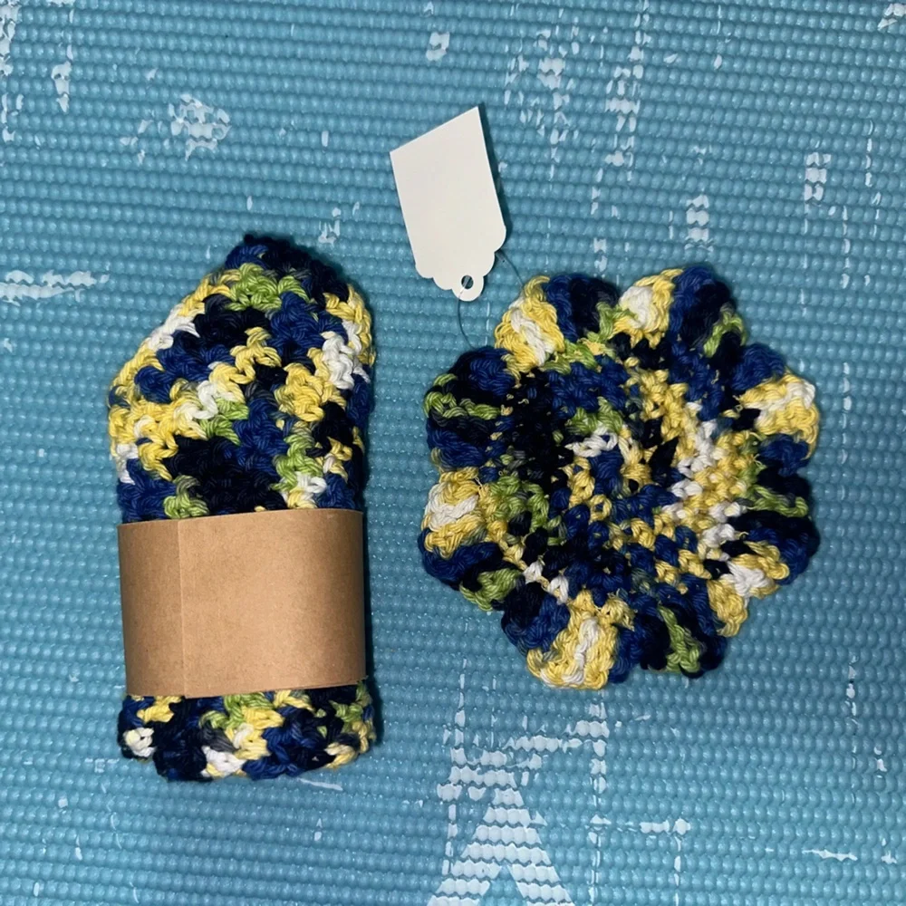 Yellow and Dark Blue Handmade Cotton Multi Use Washcloth Set